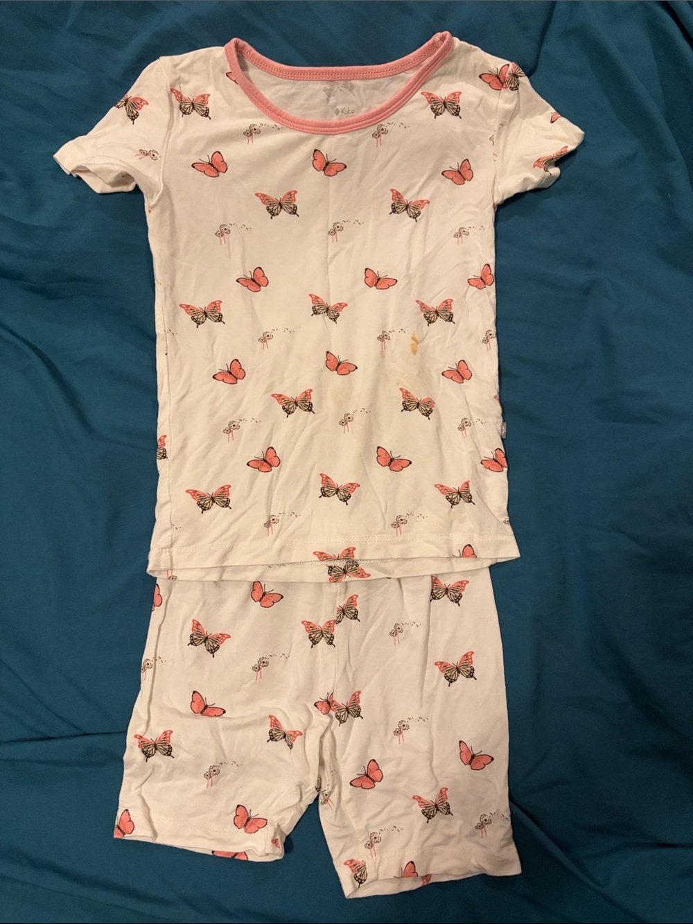 Kyte BABY White Short Sleeve Butterfly Pajama Set with Pink Accents